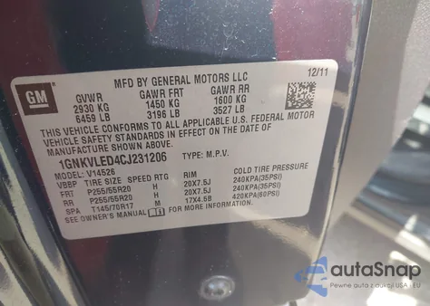 2012 Chevrolet Traverse Ltz z USA, uszkodzony, nr VIN 1GNKVLED4CJ231206